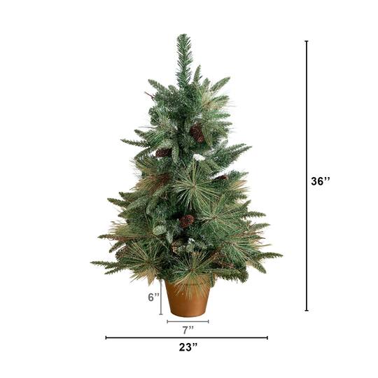 Nearly Natural 3ft. Pre-Lit Artificial Snowed Mixed Pine & Pinecone Christmas Tree in Gold Decorative Planter, Warm White LED lights